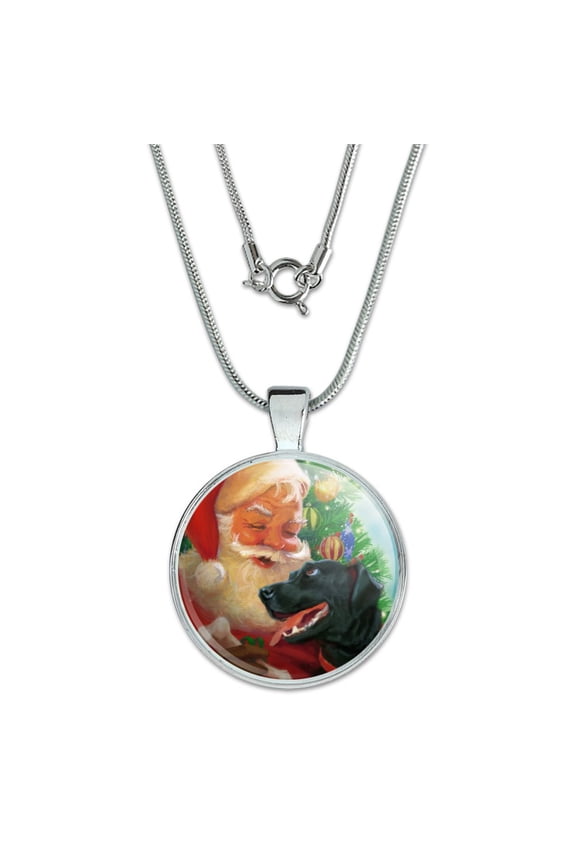 Christmas Holiday Santa and Black Lab Labrador Dog 1" Pendant with Sterling Silver Plated Chain