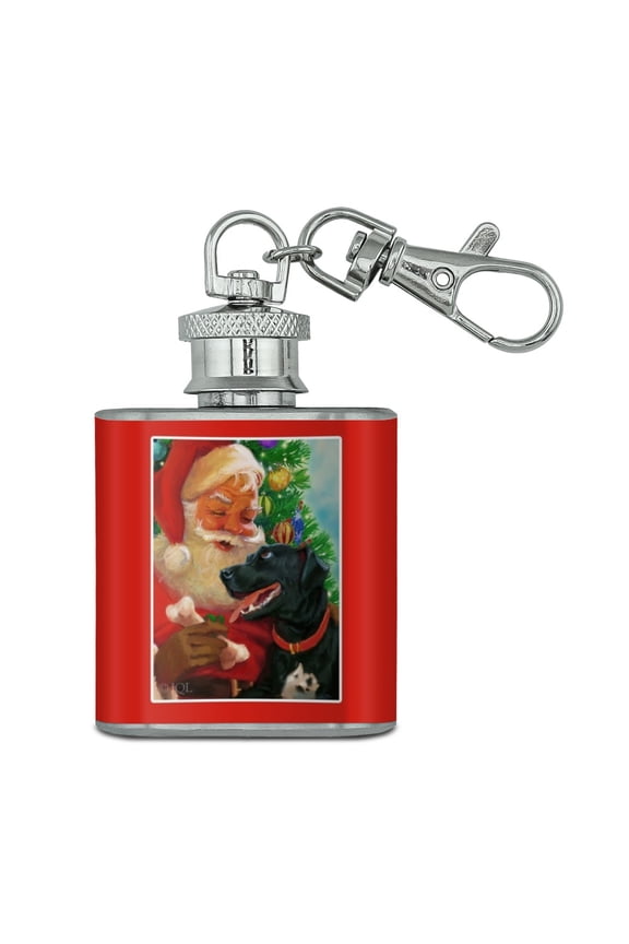 Christmas Holiday Santa and Black Lab Labrador Dog Stainless Steel 1oz Mini Flask Key Chain