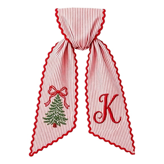 Christmas Holiday Sash with Embroidered Letter and Tree Pattern Red White Striped Hanging Decoration for Front Door Wreath Home Holiday (K)