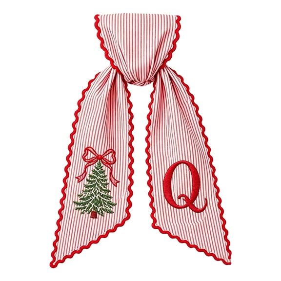 Christmas Holiday Sash with Embroidered Letter and Tree Pattern Red White Striped Hanging Decoration for Front Door Wreath Home Holiday (Q)