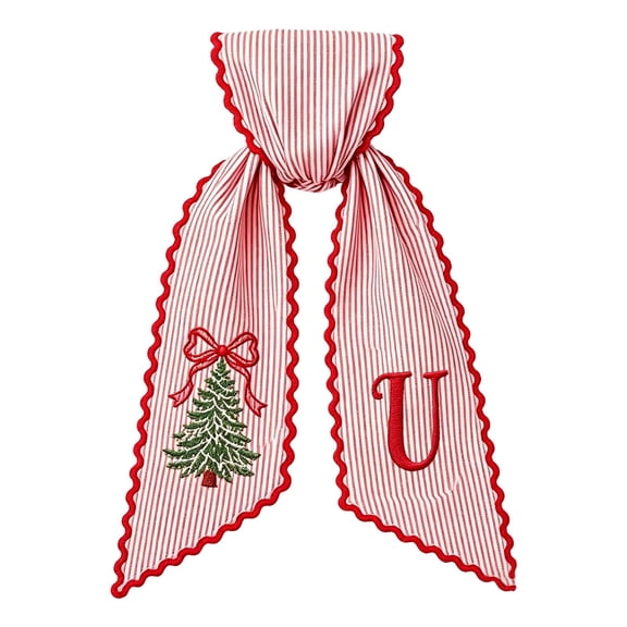 Christmas Holiday Sash with Embroidered Letter and Tree Pattern Red White Striped Hanging Decoration for Front Door Wreath Home Holiday (U)