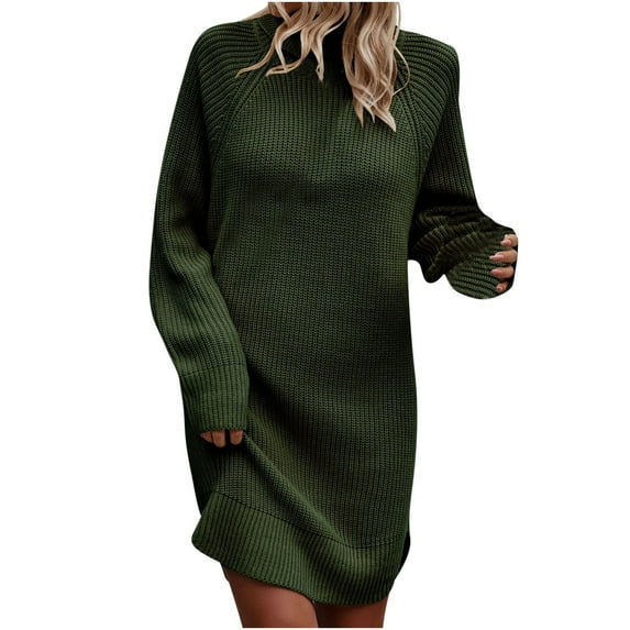 Christmas Holiday Savings 2023! TAGOLD Fall Winter Dress for Womens, Women's Winter Casual Solid Color Knitted Sweater Long Sleeve Round-Neck Dress