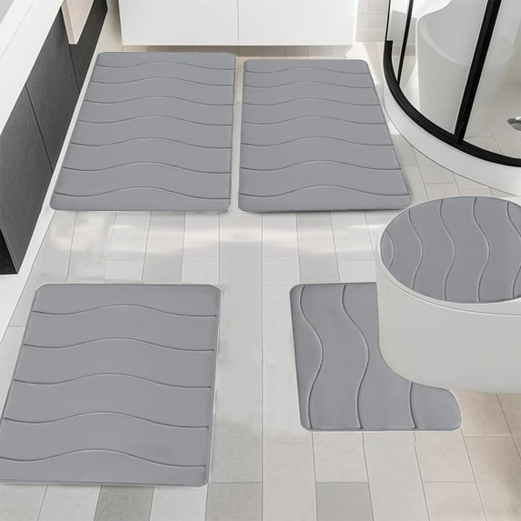 Rvasteizo Bathroom Rugs Sets 5, Memory Foam Bath Mat 5 Set Toilet Mats Universal Soft Comfortable Water Absorption Non-Slip Thick Machine Washable, Gray
