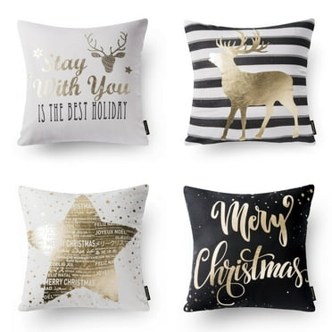 Christmas Series Star and Elk Printed Decorative Throw Pillow Covers, Gold and Black, 18" x 18", Set of 4