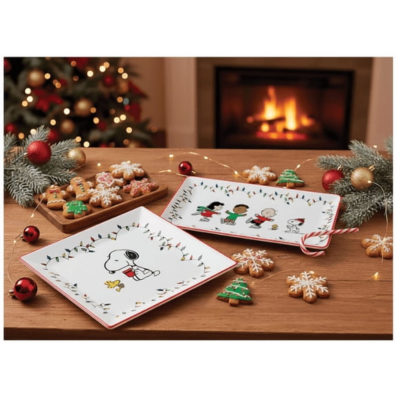Christmas Holiday Serving Platter Set, 2-Piece, 16" x 8" and 14" x 14" featuring the Peanuts gang