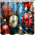 Christmas Holiday Shower Curtain Red Gold Balls Pine Cones Snowflakes