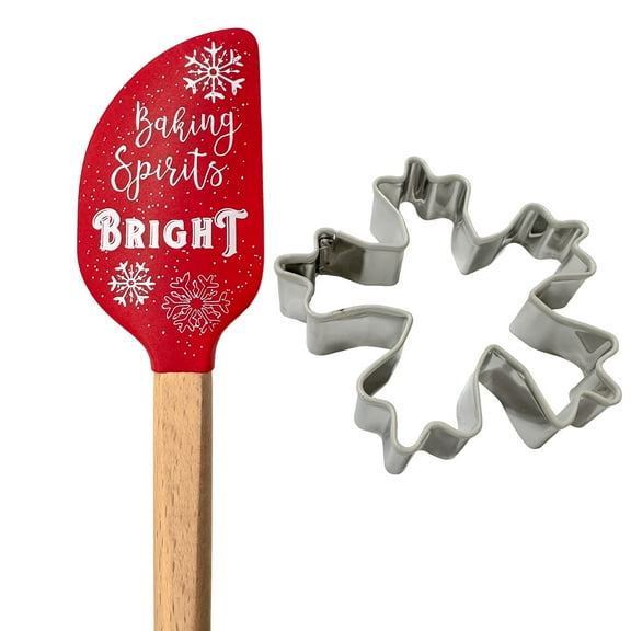 Christmas Holiday Silicone Spatula & Cookie Cutter Set – Heat Resistant 400°F, Bamboo Handle, Stainless Steel, Festive Baking Utensils for Christmas Cookies, Cakes & More (Baking Spirits Bright)