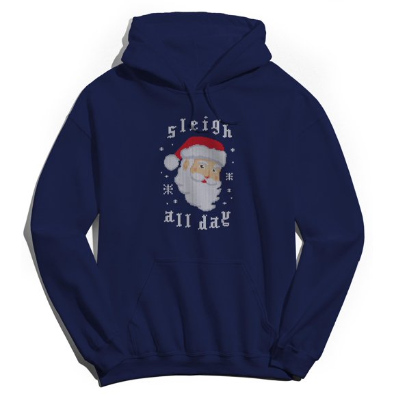 Christmas Holiday Sleigh All Day Graphic Navy Men's Cotton Pullover Hoodie