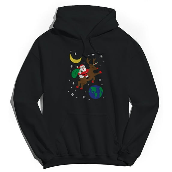 Christmas Holiday Space Santa Graphic Black Men's Cotton Pullover Hoodie