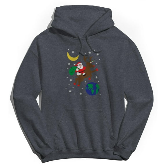 Christmas Holiday Space Santa Graphic Dark Heather Grey Men's Cotton Pullover Hoodie