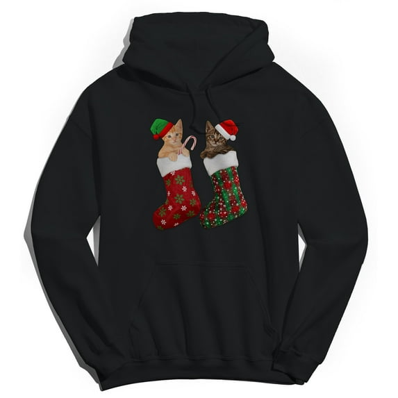 Christmas Holiday Stocking Kitties Graphic Black Men's Cotton Pullover Hoodie