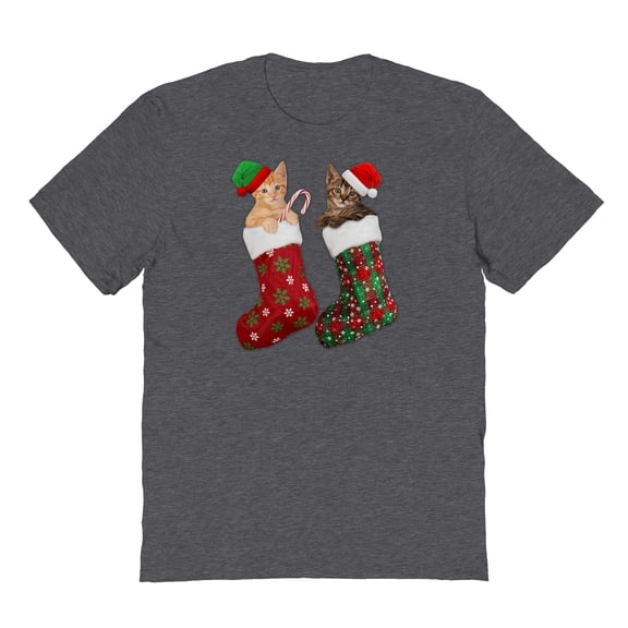 Christmas Holiday Stocking Kitties Graphic Dark Heather Men's Cotton T-Shirt