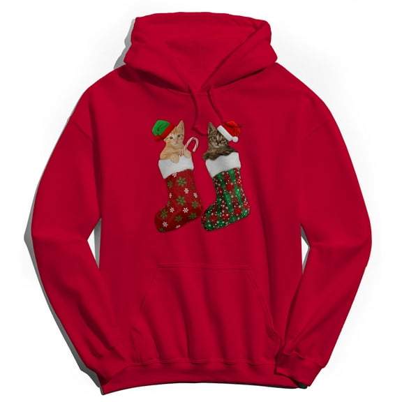 Christmas Holiday Stocking Kitties Graphic Red Men's Cotton Pullover Hoodie