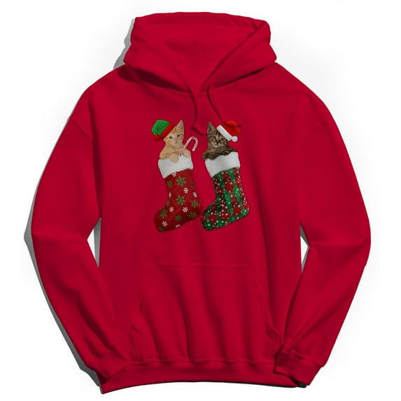 Christmas Holiday Stocking Kitties Graphic Red Men's Cotton Pullover Hoodie