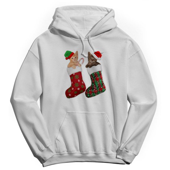 Christmas Holiday Stocking Kitties Graphic White Men's Cotton Pullover Hoodie