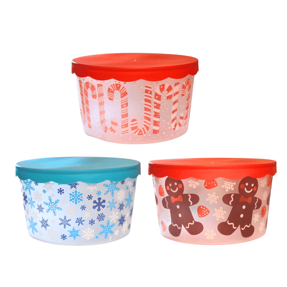 Christmas Holiday Storage Containers Set of 3 with Festive Designs, Candy Cane and Gingerbread Pattern, Clear Plastic with Red and Blue Lids, Snowflake Winter Theme for Candy Cookies or Baked Treats