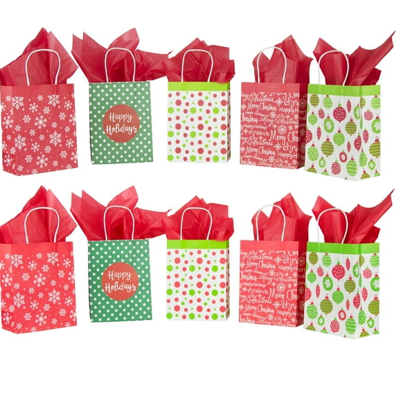 Christmas Holiday Themed Gift Bag and Tissue Paper Set, 10 Pack