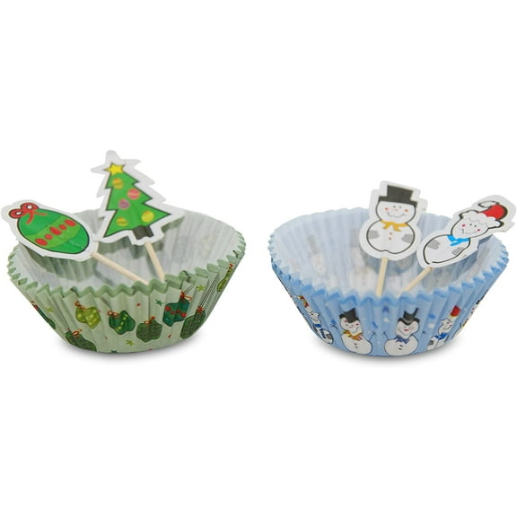 Christmas Holiday Themed Snowman Tree Ornament Cupcake Kit; (48) 2" Baking Cups & (48) 3" Picks