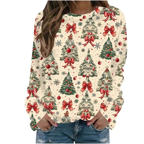 Christmas Holiday Tops Womens Crewneck Pullover Graphic Sweatshirt Printed Long Sleeve Plus Size Festive Clothes (4XL, Beige 01)
