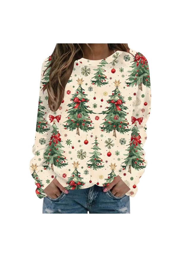 Christmas Holiday Tops Womens Crewneck Pullover Graphic Sweatshirt Printed Long Sleeve Plus Size Festive Clothes (M, Beige)