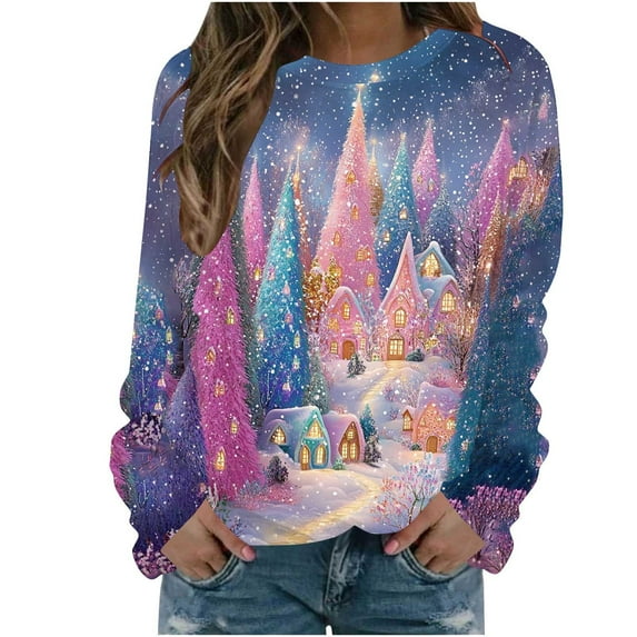 Christmas Holiday Tops Womens Crewneck Pullover Graphic Sweatshirt Printed Long Sleeve Plus Size Festive Clothes (XL, Purple 01)