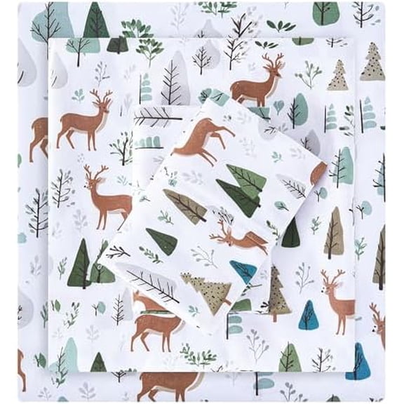 Christmas Holiday Twin Sheet Set - 4 Piece Forest and Deer Patterned Bed Sheets Set - Soft, Breathable Microfiber Sheets with Deep Pocket, Non-Slip Fitted Sheets & Pillowcases