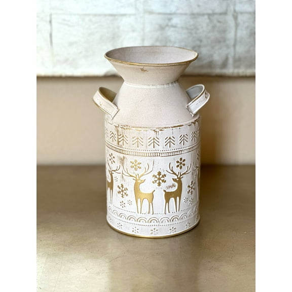 Christmas Holiday Vase Metal Milk Can Rustic Snow White & Gold Embosed Reindeer Snowflakes Pines Kitchen Room Decor Organizer 9"x5"