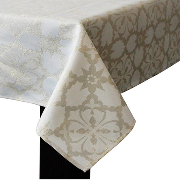Christmas Holiday Winter Metallic Gold Ivory Printed Jacquard Fabric Tablecloth (52" x 52" Square, Ivory-Gold)