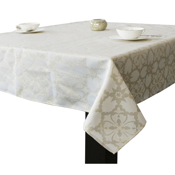 Christmas Holiday Winter Metallic Gold Ivory Printed Jacquard Fabric Tablecloth (52" x 70" Rectangular, Ivory-Gold)
