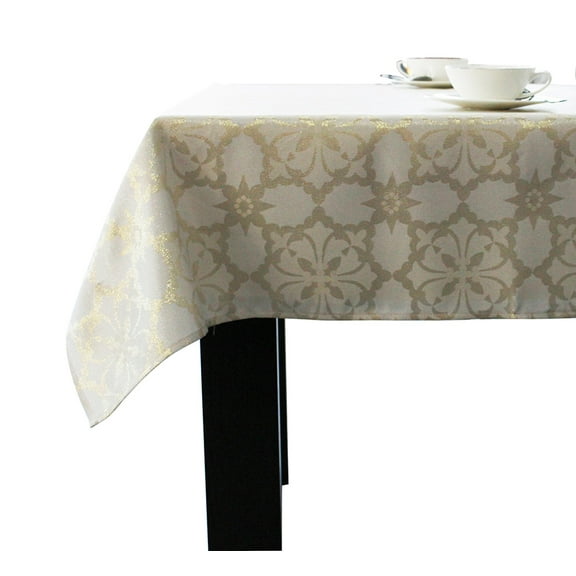 Christmas Holiday Winter Metallic Gold Ivory Printed Jacquard Fabric Tablecloth (52" x 90" Rectangular, Ivory-Gold)