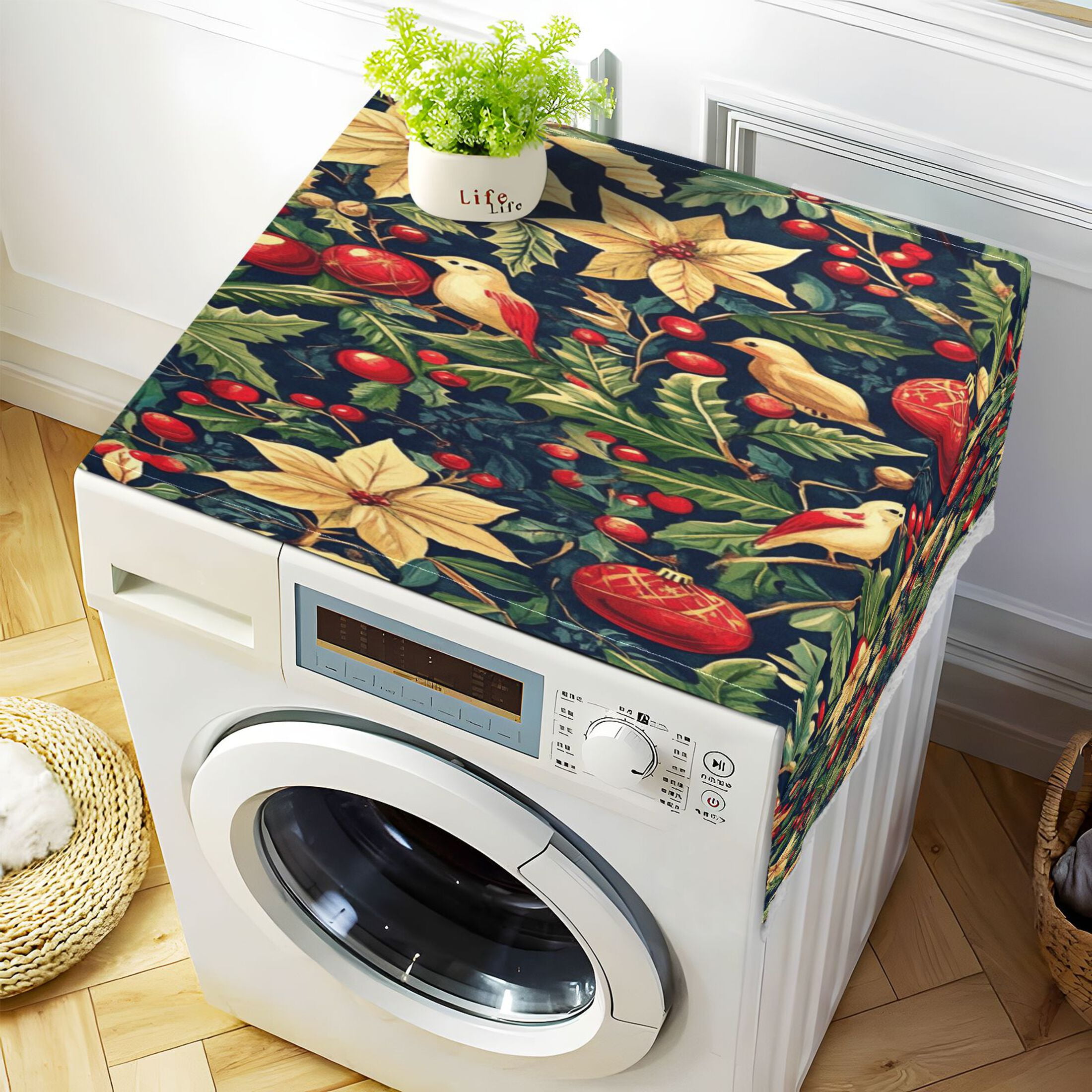 Christmas HolidayWasher and Dryer Covers Dust-Proof and Oil Resistant Fridge Cover with 4 Storage Pockets Washing Machine Top Cover for Laundry Kitchen Home 51.2 x 22 In