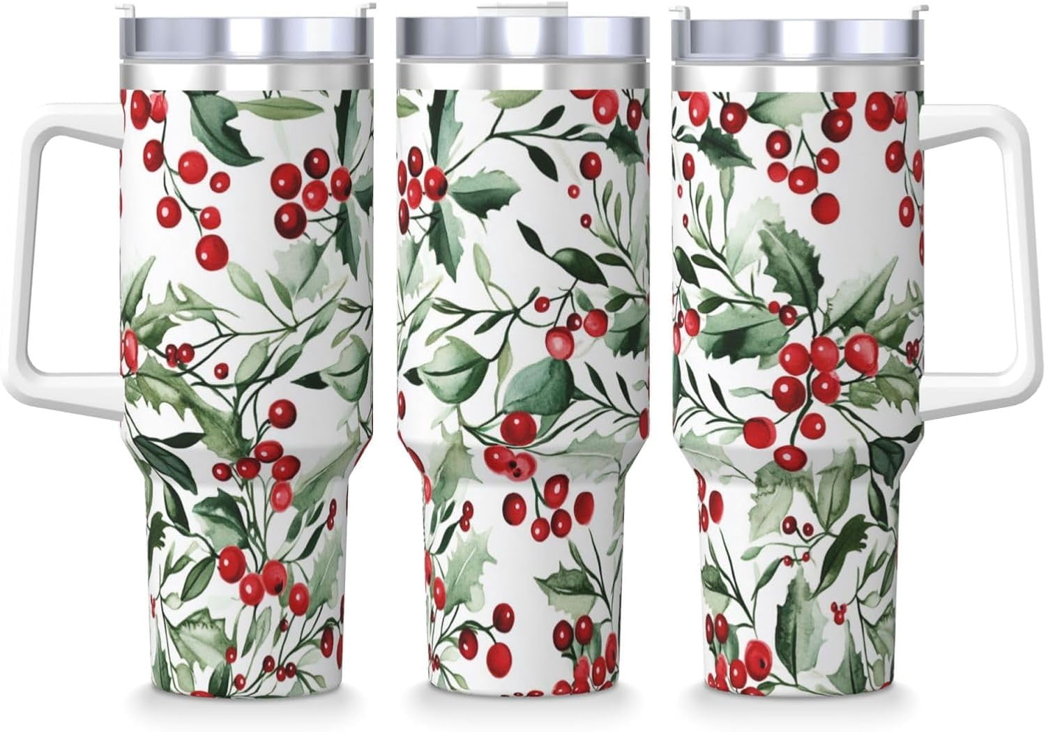 Christmas Holly 40 Oz (1200 ml) Insulated Coffee Tumbler with Handle and Straw Lid, Reusable Stainless Steel Travel Mug Cup for Women Men Party Birthday Gifts