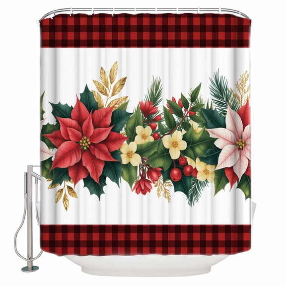 Christmas Holly Bathroom Shower Curtains with Hooks, Leaf Poinsettia Floral Linen Red Plaid Waterproof Fabric Washable Shower Curtain for Home Hotel Bathtub Decor 60x72 Inch