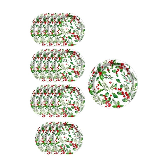 Christmas Holly Berry Disposable Paper Plates, 7 Inch Round, 16 Pack, Watercolor Holiday Tableware for Xmas Party Dinner Winter Wedding