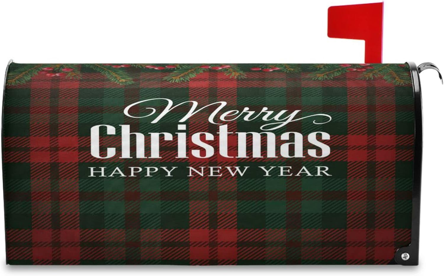 Christmas Holly Berry Mailbox Cover Buffalo Check Plaid Mailbox Covers Magnetic Large Oversized 21"X25.5" Mailbox Wraps Post Letter Box Cover Garden Decorations