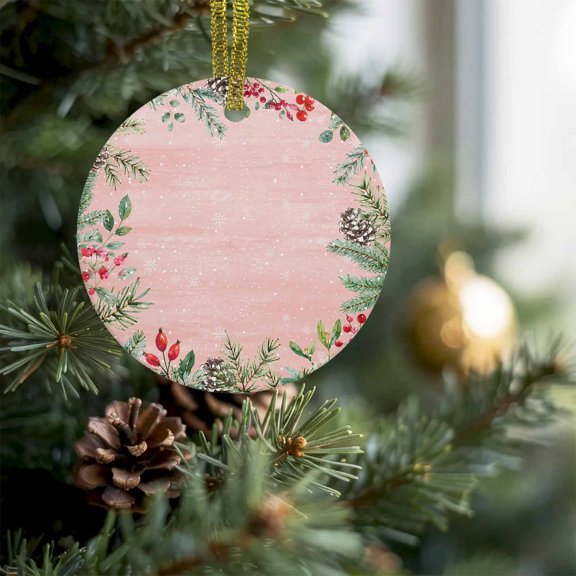 Christmas Holly Berry Pine Cone Christmas Ceramic Ornament 2026,3" Round Xmas Tree Hanging Accessories with Ribbon,Winter Snowflake Plant on Pink Pendant Ornaments for Holiday Gift Home Party Decor