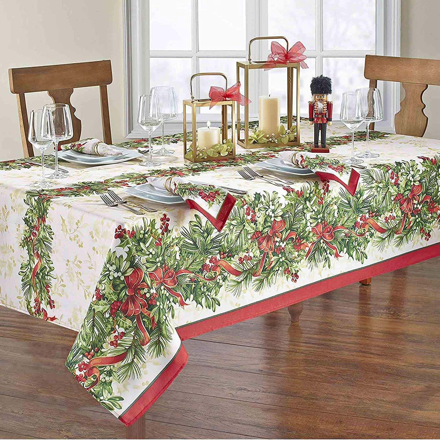 Holiday Holly Berry Ribbon Garland Rectangular Fabric Tablecloth