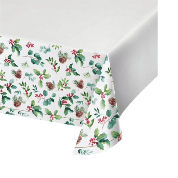 Christmas Holly Berry and Pinecone Paper Table Cover 54" x 102"