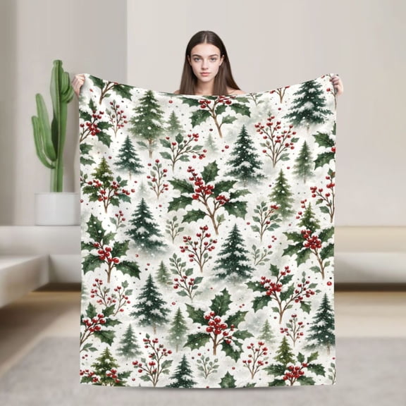 Christmas Holly Blanket Winter Pine Flannel Throw Blanket Holiday Home Decor Gift 50x40 in