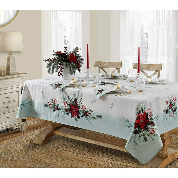 Christmas Holly Bough Poinsettia and Holly Sprig Sage 52 x 70 inch Rectangle Fabric Dining Tablecloth