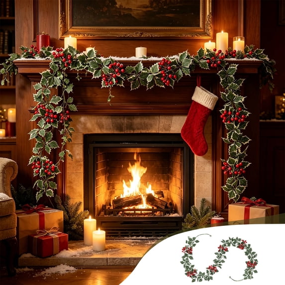 Christmas Holly Garland with Berry, 5.74ft Flexible Vine Garland with Green Leaves & Red Berries, Realistic Faux Greenery Hanging Decor for Mantel, Wall, Door & Holiday