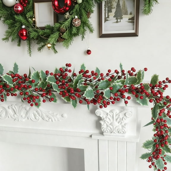 Christmas Holly Garland with Red Berry ,5.9ft Christmas Garland Faux Hanging Willow Leaf Ivy Red Berries Greenery Garland Christmas Wedding Party Wall Mantel Home Winter Indoor Outdoor Decor
