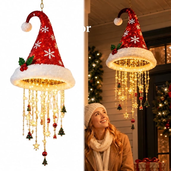 Christmas Holly Hats with Lights, Warm LED Christmas Hat Lamp for Porch Home Party