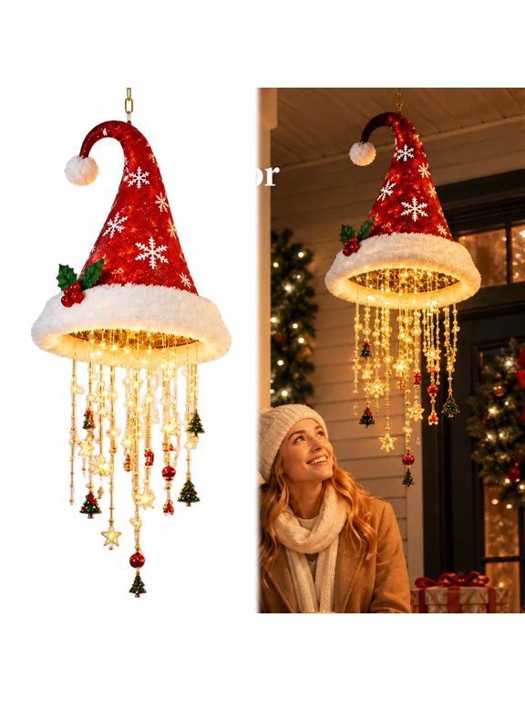 Christmas Holly Hats with Lights, Warm LED Christmas Hat Lamp for Porch Home Party