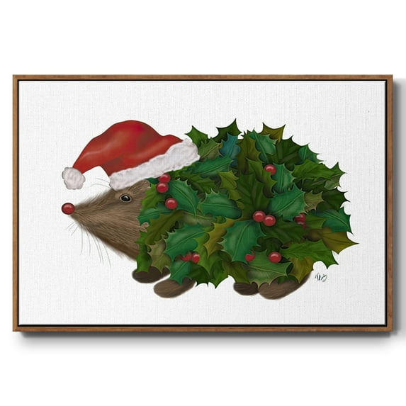 Christmas Holly Hedgehog - Framed Gallery Wrapped Holiday Canvas - 17 x 25 - Rosewood Frame