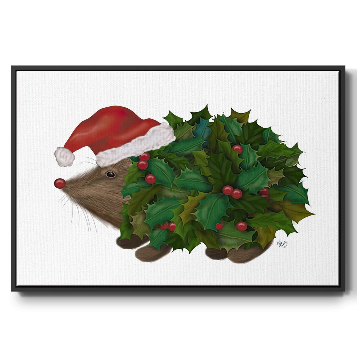 Christmas Holly Hedgehog - Framed Gallery Wrapped Holiday Canvas - 25 x 37 - Black Frame