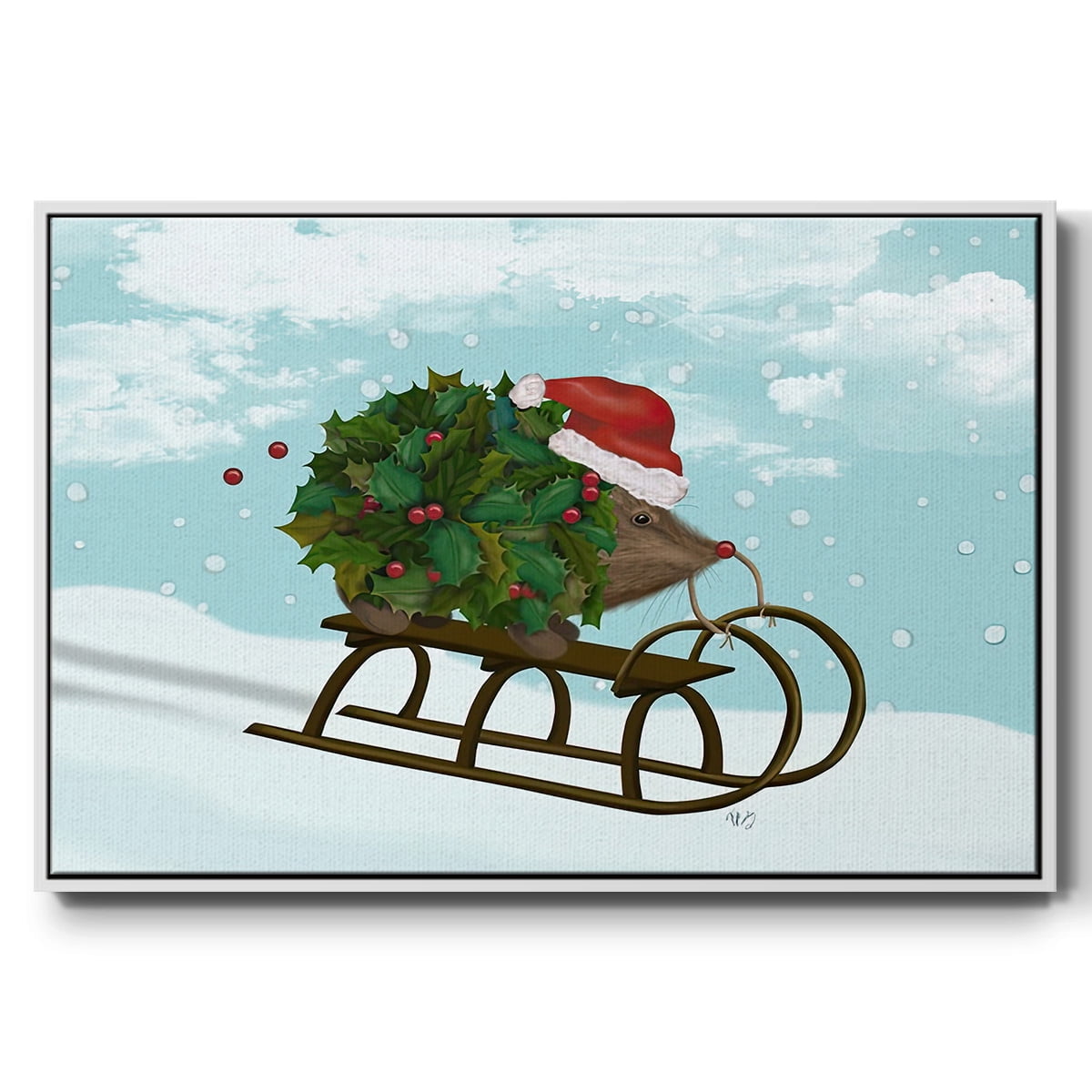 Christmas Holly Hedgehog Sledding - Framed Gallery Wrapped Holiday Canvas - 17 x 25 - White Frame