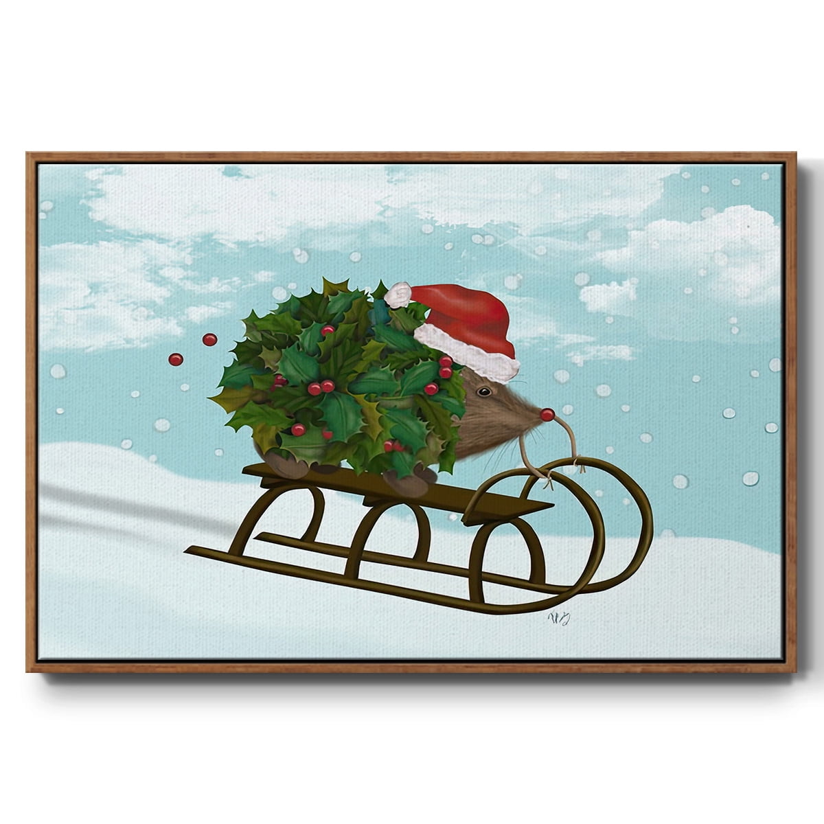 Christmas Holly Hedgehog Sledding - Framed Gallery Wrapped Holiday Canvas - 27 x 41 - Rosewood Frame