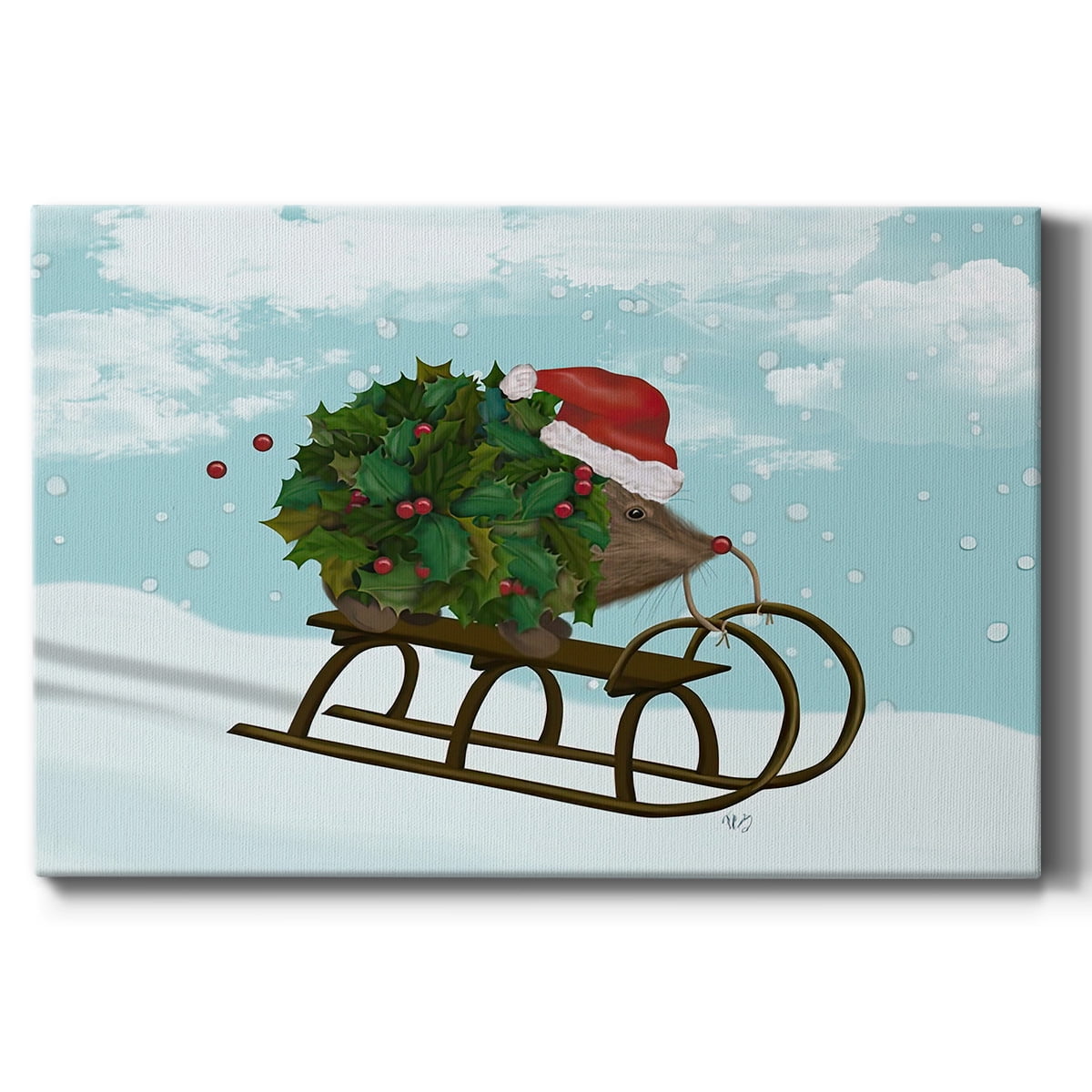 Christmas Holly Hedgehog Sledding- Gallery Wrapped Canvas