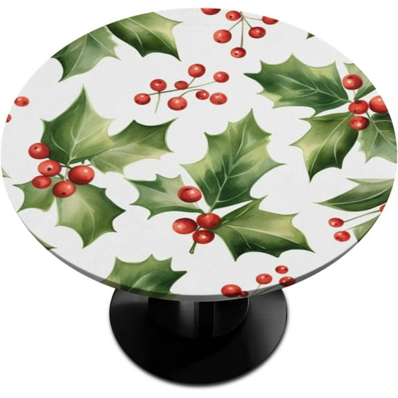 Christmas Holly Leaves Round Tablecloth with Elastic Edge Winter Berries Elastic Table Cloth Polyester fitted tablecloth 36"-42" Waterproof Table Cover for Dining Room kitchen Patio Restaurant Use